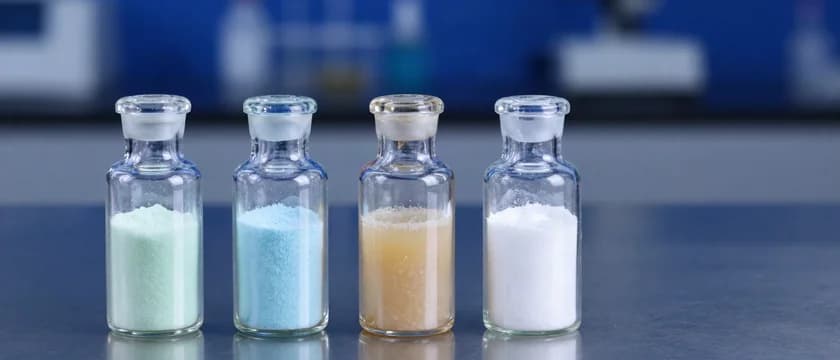 Quatro frascos de vidro em fila com pós cerâmicos de tons distintos — verde claro, azul claro, âmbar e branco puro.