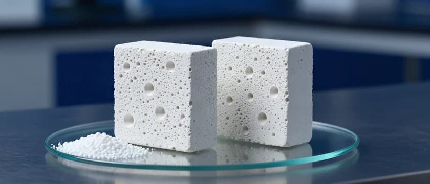 Dois blocos de cerâmica porosa branca com poros abertos visíveis, sobre uma placa de vidro, ao lado de grânulos esféricos brancos.