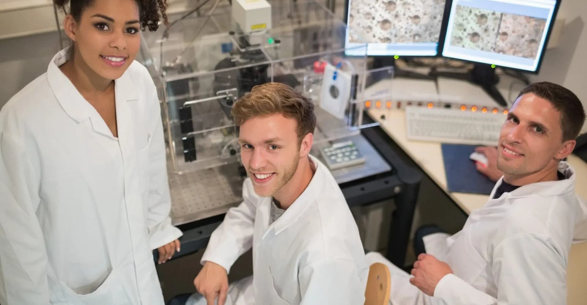 Três pesquisadores de jaleco sorriem para a câmera numa bancada de laboratório, com monitores exibindo imagens de microscopia.