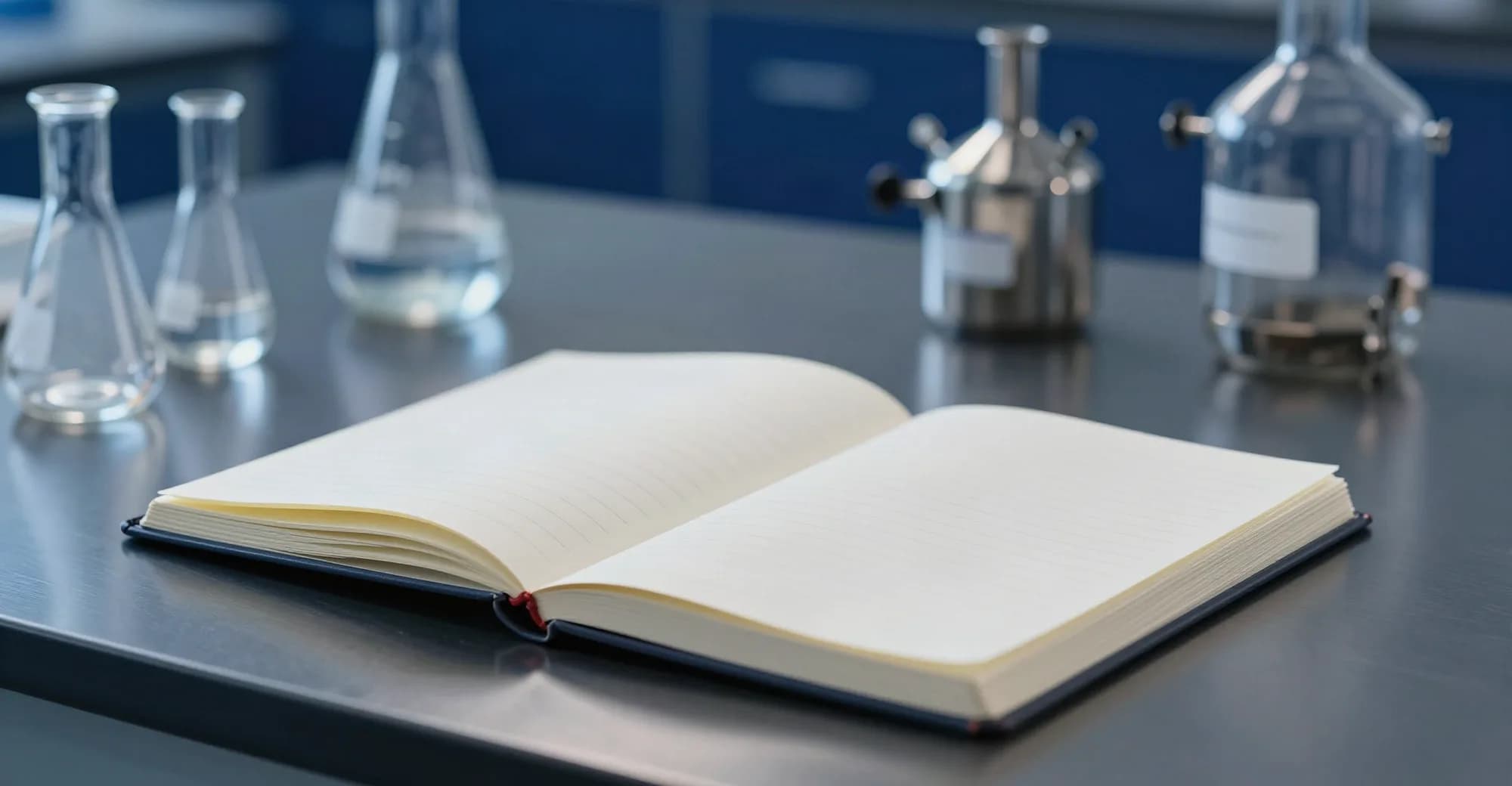 Caderno aberto em branco sobre a bancada, ao lado de vidraria de laboratório e equipamentos de aço inox.