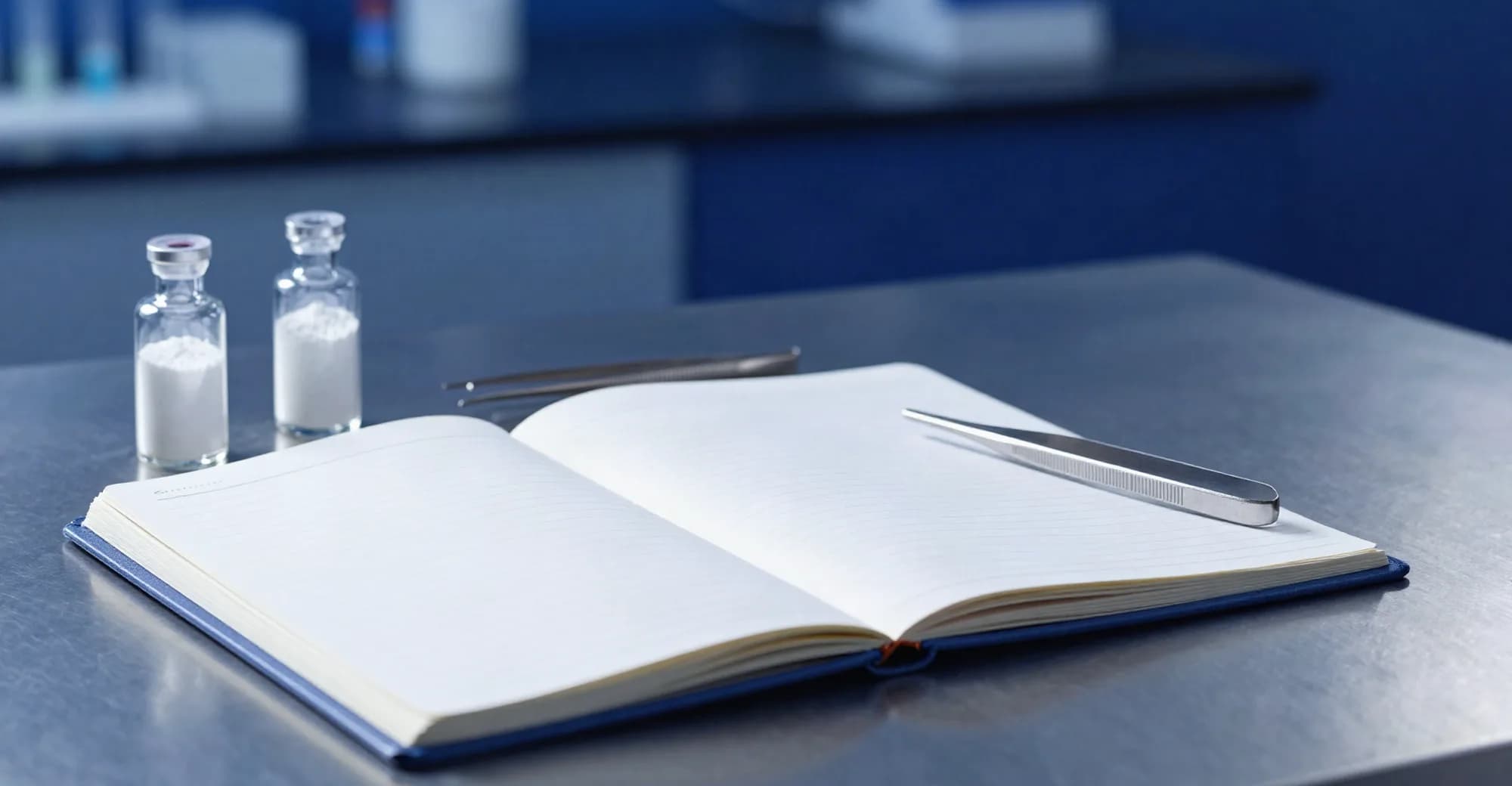 Caderno aberto em branco sobre a bancada, ao lado de frascos de amostra com pó branco e vidraria de laboratório.