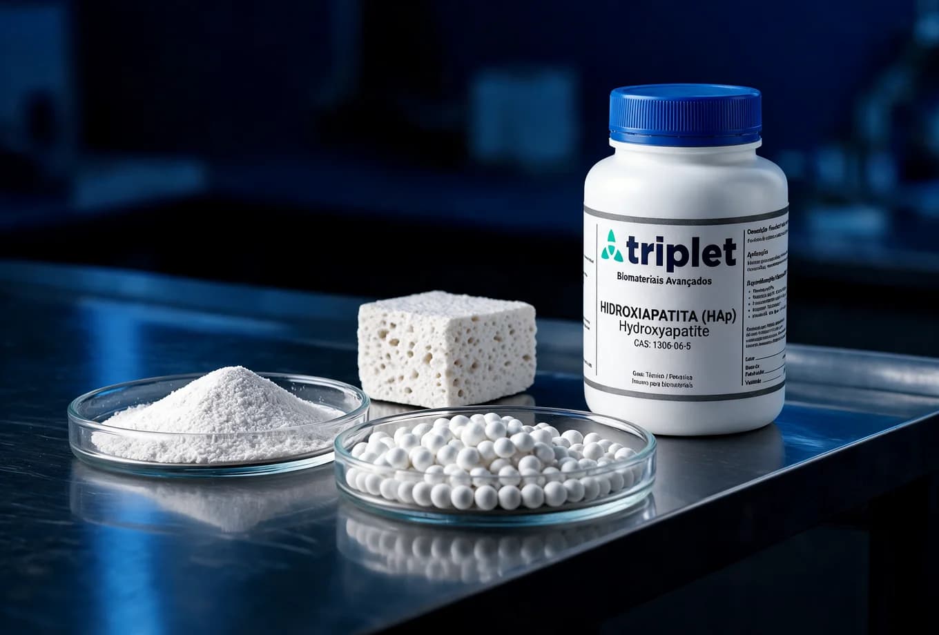 Frasco de hidroxiapatita da Triplet sobre a bancada escura do laboratório, ao lado de uma placa de Petri com pó branco, uma placa com microesferas e um bloco de cerâmica porosa.