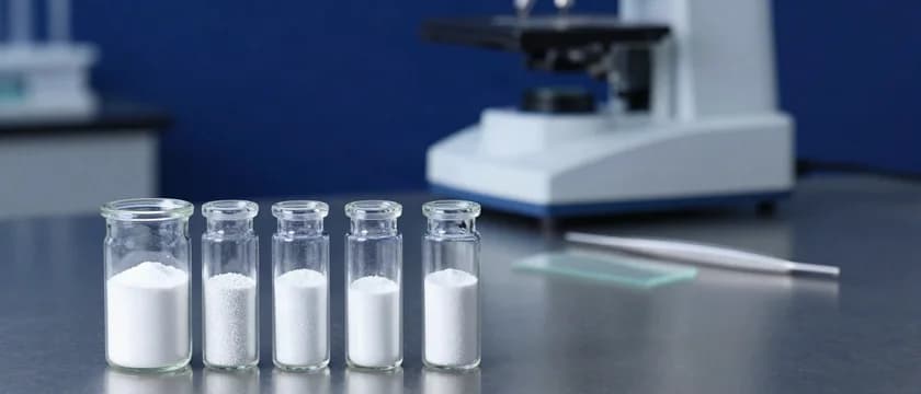 Cinco frascos de vidro com pós brancos de granulometrias diferentes, alinhados na bancada diante de um microscópio desfocado, ao lado de uma lâmina e uma pinça.