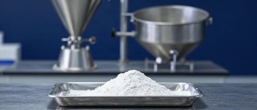 Bandeja de aço com um monte de pó cerâmico branco em primeiro plano, com funis e silos de aço inox desfocados ao fundo.