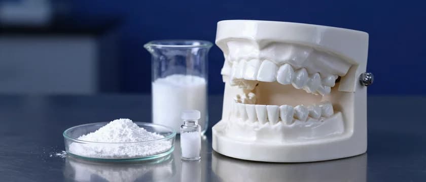 Modelo dental branco de arcada sobre bancada de aço, ao lado de um béquer com pó branco, uma placa de Petri com pó fino e um pequeno frasco de grânulos.