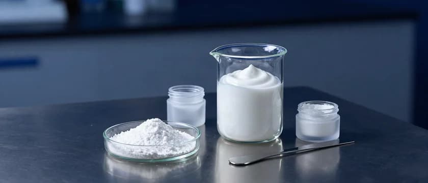 Béquer de vidro com creme cosmético branco sobre bancada de aço, ao lado de uma placa de Petri com pó mineral fino, dois potes de creme e uma espátula.