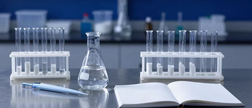 Bancada de pesquisa com dois racks de tubos de ensaio, um erlenmeyer com líquido incolor, uma micropipeta e um caderno aberto em branco.