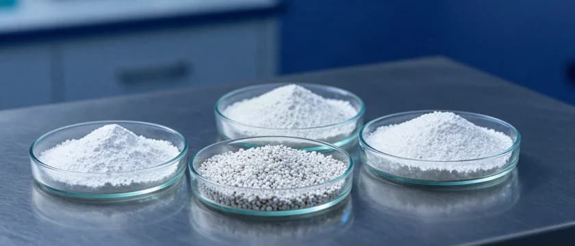 Três placas de Petri em fila, cada uma com um pó branco de fosfato de cálcio de textura diferente: fina, granulada e em grânulos.