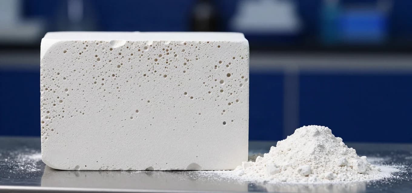 Macrofotografia de um bloco de biocerâmica branca com a rede de poros abertos em detalhe, ao lado de um monte do mesmo material em pó.