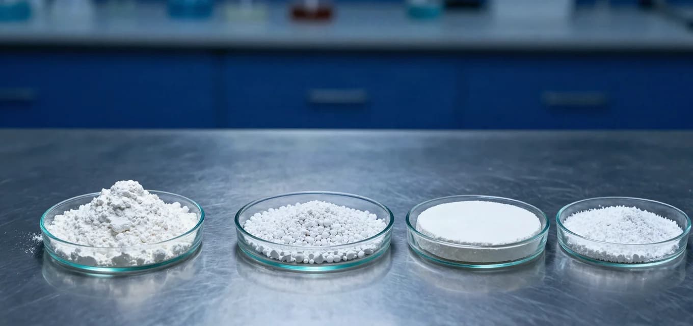 Quatro placas de laboratório em fila, com quatro formas de apresentação do mesmo material: pó fino, microesferas, grânulos e um disco prensado.