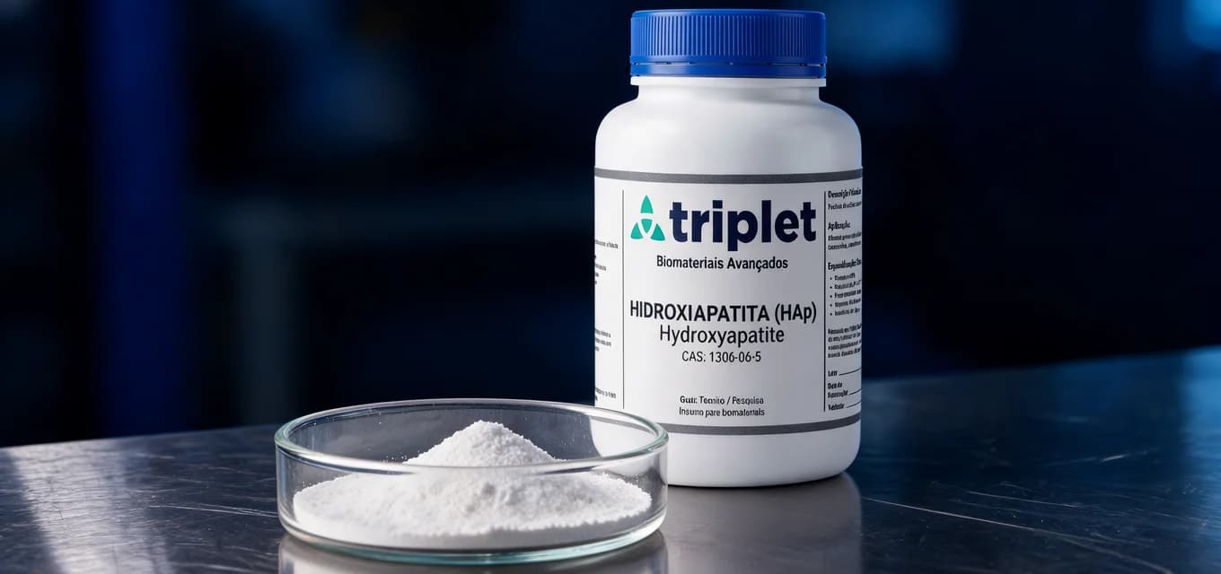 Frasco de hidroxiapatita da Triplet sobre a bancada escura do laboratório, com uma placa de vidro cheia de pó branco à frente.