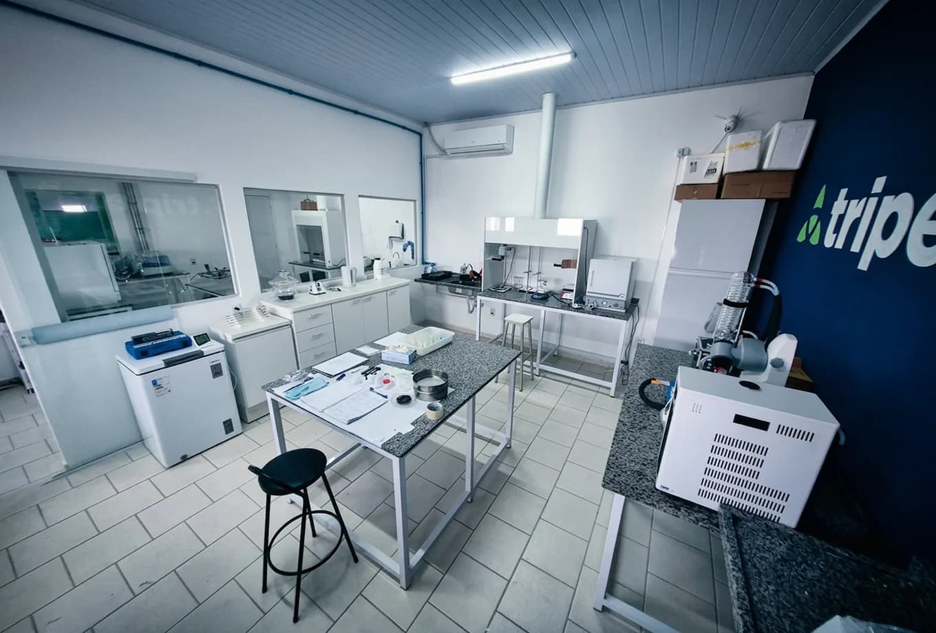 Sala do laboratório de síntese da Triplet, com bancadas de granito, capela de exaustão, equipamentos de processamento e o logotipo da empresa na parede ao fundo.