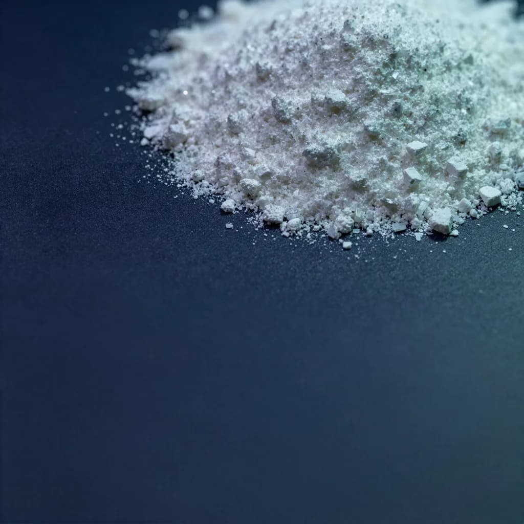 Pó de hidroxiapatita em macro sobre superfície navy, com brilho cristalino nas partículas.