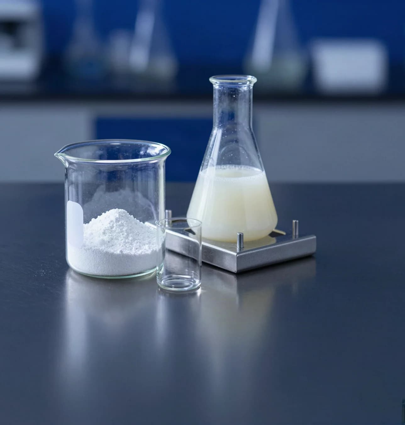 Béquer com pó branco de hidroxiapatita, erlenmeyer com suspensão leitosa e uma cubeta de vidro em suporte metálico.