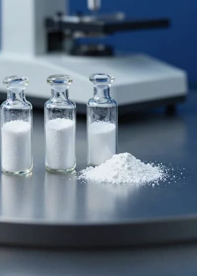 Três frascos de vidro com pós brancos de granulometrias diferentes, diante de um equipamento analítico desfocado.