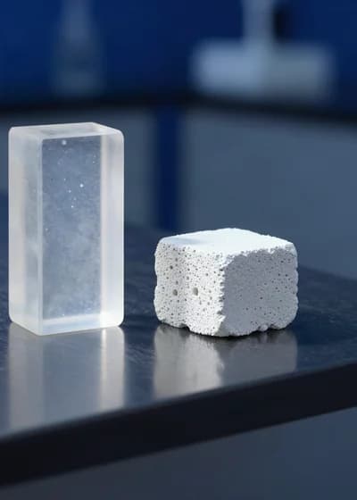 Bloco retangular de polímero translúcido com partículas cerâmicas brancas dispersas dentro, ao lado de um bloco de cerâmica porosa.
