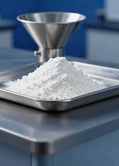 Bandeja de aço com um monte de pó cerâmico branco, com um funil de aço inox desfocado ao fundo.