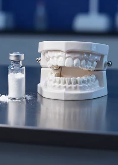 Modelo dental branco de arcada ao lado de um frasco de vidro com pó branco de fosfato de cálcio.