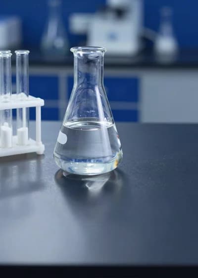 Erlenmeyer com líquido incolor ao lado de uma gradinha de tubos de ensaio com pós brancos.