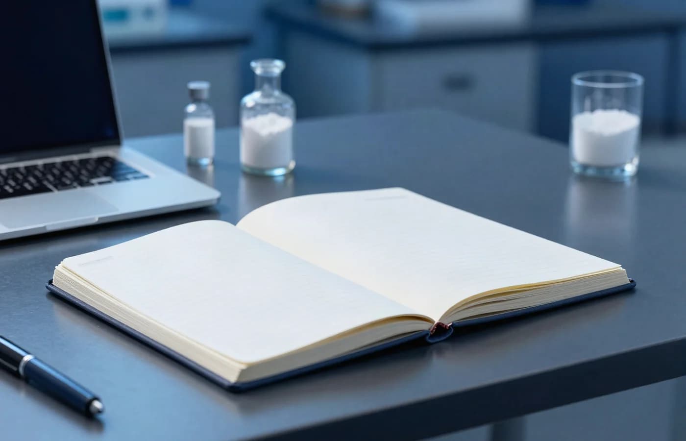 Mesa de avaliação de projeto: caderno aberto em branco, folhas impressas, um notebook visto de trás e frascos de amostra com pó branco.